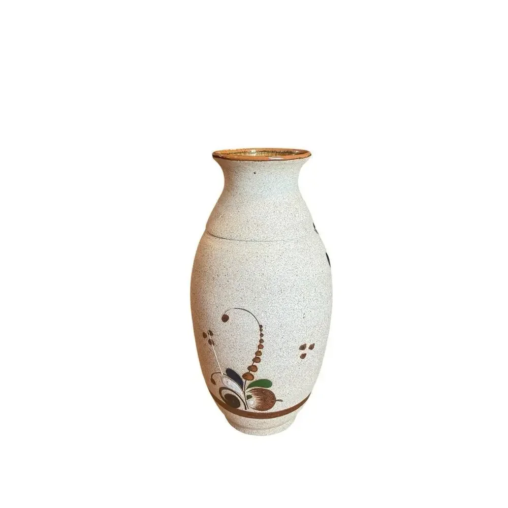Mexican Tonala Vase Folk Art Stoneware Vase with Bird and Flower Detail